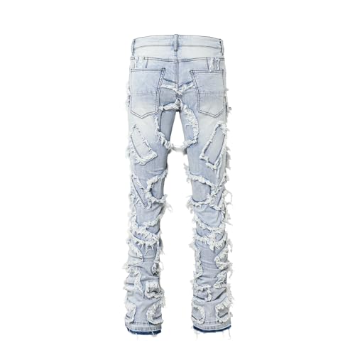 Men's Hip Hop Denim Ripped Dilapidated Mid Rise Stretch Straight Leg Jeans with Pockets2
