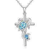 Fenthring Turtle Necklace Blue Opal Sea Turtle Necklace for Women Sterling Silver Cross Turtles Mother Daughter Pendant Jewelry Charm Birthday Mothers Day Christmas Gifts