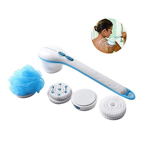 Electric Shower Brush, BESTHINKY Waterproof Long Handle Massager Bath Brush Body Cleaning Exfoliating SPA Massage Scrubber with 5 Replacement Brush Heads (White)