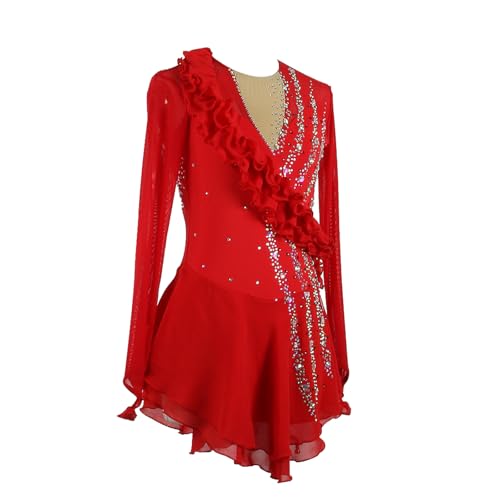 DIJITOO Vestido de patinação artística, temperamento com decote em V, malha strass, fantasia de comp