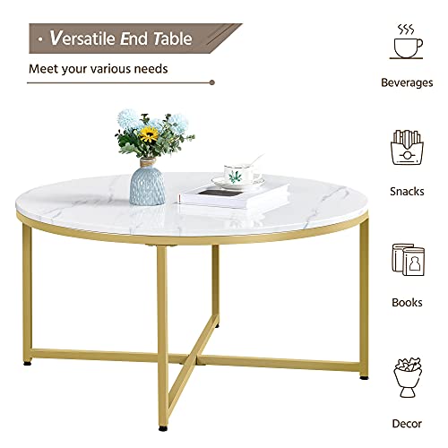 Yaheetech Gold Round Coffee Table Faux Marble White Coffee Table For Living Room, Modern Accent Table Dining Room Table With Marble Tabletop & Metal Legs, 35.5 Inch #TOP4