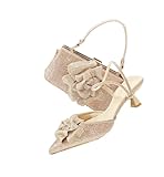 Women's Italian Rhinestone High Heel Shoes with Matching Bag Set for Weddings Parties Peach