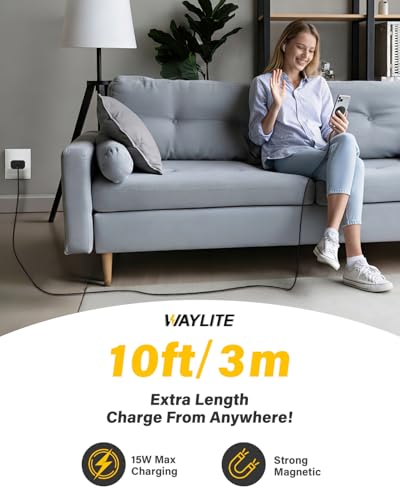 10FT Magnetic Wireless Charger Charging Pad - 15W Fast Mag-Safe Phone Charger for Apple iPhone 17 16 15 14 13 12 Series & AirPods 4 3 2 Pro, Phone Charging Pad with Plug for Desk & Travel, 2Pack Black — view 6