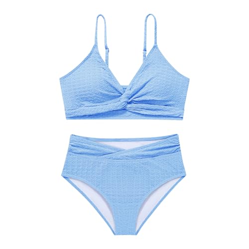 Image of Girls Swimsuit Solid Bathing Suit 2 Piece Twist Cross Adjustable Straps Soft Lining Bikini for Teen Girls with Chest Pad
