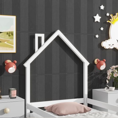 Miniatura 5 de Base de cama individual para niños, cama Montessori de tamaño individual con cabecera y barandillas en forma de casa, camas de madera de tamaño