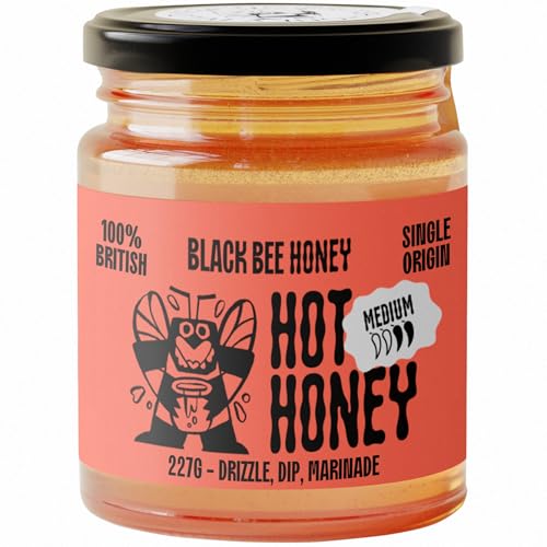 Black Bee Hot Honey with Habanero Chilli - British Wildflower Chilli Honey Medium Heat Sweet and Spicy Drizzle Dip or Marinade Great for Pizzas and Burgers - Single Source 227g Jar