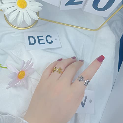 Gold Silver Stainless Steel Rings For Women Teen Girls Adjustable Hollow Flower Rings Aesthetic Jewelry Wedding Stacking Rings Set Size 7 8 9 10, Vintage Floral Finger Rings For Friend Daughter Mom Grandmother 2 Pack #TOP4