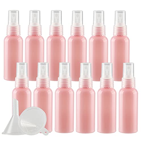 ZEOABSY 12 Piezas 50ml Botella de Spray Vacía Plástico Rosa Atomizador de Viaje Conjunto de Botellas, con Pulverizador de Niebla Fina Transparente para Aromaterapiacon 2 Embudos Cover