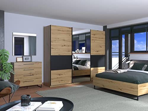 Vente-unique - Armoire 3 Portes coulissantes - avec Miroir - L263 cm - Coloris : Naturel et Noir - TEORA