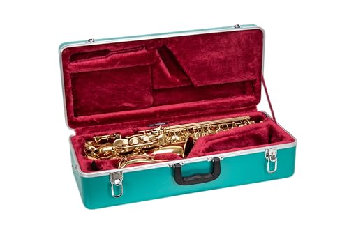 Crossrock ABS Alto Saxophone Case – Rectangular Mint Blue Finish, Burgundy Velvet Interior, Security Lock & Detachable Strap