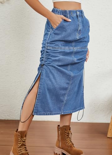 chouyatou Women's Vintage Washed Cargo Skirt A-Line Adjustable Midi Long Denim Jean Skirt with Drawstring4