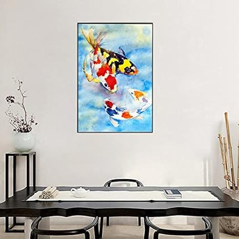 Amazon 絵画 インテリアカラフルな鯉の魚の絵画鯉の魚の壁アートフリーハンドの青い絵ホームリビングルームの装飾キャンバスプリントビッグサイズ 50x70cm X1 フレームレス ウォールステッカー オンライン通販