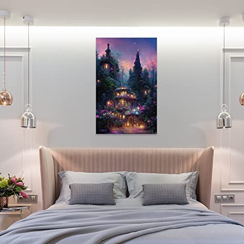 Oil Painting Landscape Poster Fairytale Forest Cottage Modern Wall Decor Wall Art Paintings Canvas Wall Decor Home Decor Living Room Decor Aesthetic 16X24Inch(40X60Cm) Unframe-Style #TOP7