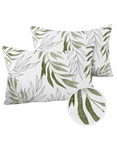 Edwiinsa Sage Green Leaves Outdoor Pillow Covers Waterproof, All Weather Cushion Case Set of 2, Geometric Black Lines White Simple Lumbar Pillowcase for Sofa Couch Bed Decor Patio Furniture 20