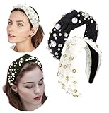 JILIYUPA Carnival Headband Rhinestone Cross Knotted Turban Hair Hoop Carnival Crystal Twist Velvet Wide Hairband Party Hair Accessory (Black, White)