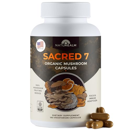 Naturealm Sacred 7 Mushroom 7-in-1 Blend Capsules Supplement (60 Day Supply) | Supports Daily Immune Defense & Focus | Lions Mane, Reishi, Chaga & More | Organic, Premium 100% Fruiting Body Extract