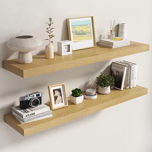 Image of Dreamland 48 Inch Floating Shelves for Wall,8 Inch Deep Floating Shelves,48 inch W x 8 inch D Wall Shelves for Bedroom,Living Room,Kitchen,Bathroom,Oak Color,Set of 2