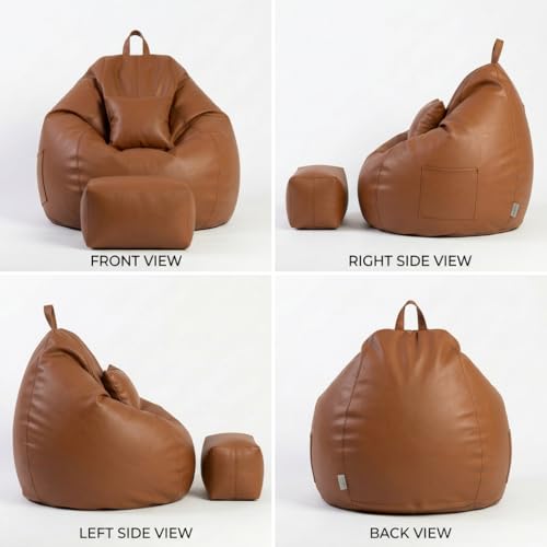 Image of KAM'S LIEU 5XL Luxury Faux Leather Bean Bag with Footrest & Cushion | Pre-Filled High-Density Polystyrene Beans | Premium Leatherette | 6 Months Warranty Color- (Tan, with Footrest)