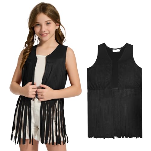 Chaleco vaquero para niñas con flecos, negro, T XL miniatura 1