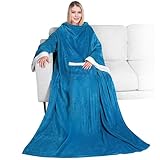 PAVILIA Deluxe Fleece Blanket with Sleeves for Adult, Men, and Women| Elegant, Cozy, Warm, Extra Soft, Plush, Functional, Lightweight Wearable Throw (Sea Blue)