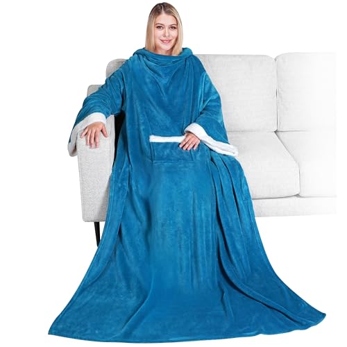 PAVILIA Fleece Blanket with Sleeves for Women Men Adults, Wearable Blanket Warm Soft Plush, Snuggle Pocket Sleeved TV Throw Wrap, Cozy White Elephant Gifts Ideas for Mom Wife, Teal Blue