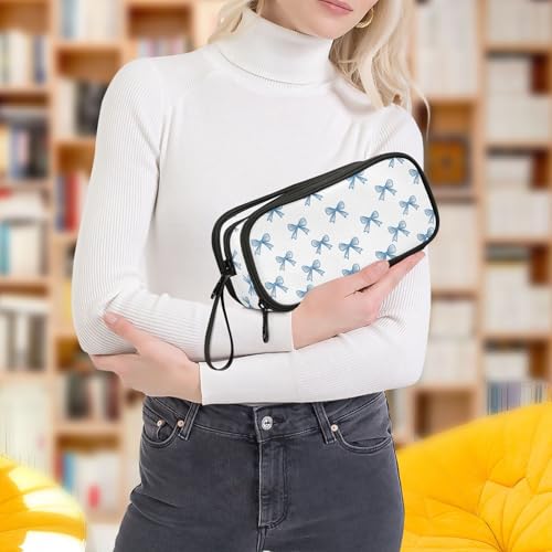 Image of ALAZA Blue Bow Pattern Large Pencil Case, Pen Pouch Pencil Bag with 3 Compartments Pen Holder Organizer Stationery Bag