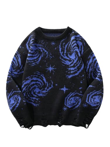 BEAUDRM Men's Graphic Grunge Sweater Goth Punk Ripped Baggy Sweater Oversized Winter Unisex Sweaters Halloween Outfits Blue X-Large