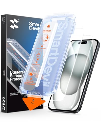 Image of SMARTDEVIL 2 Pack for iPhone 15 / iPhone 16 Screen Protector, 9H Hardness Military Grade Shatterproof, HD Clear Tempered Glass with Auto Dust-Elimination, Bubble Free, Easy Installation, Case Friendly