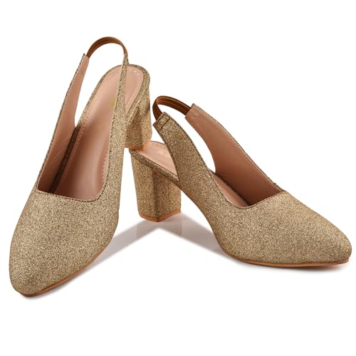 Image of Classic Closed Pointed Toe Mid Block Thick Heel Slingback Pumps for Women Signora104| Glitter Fabric Dress Shoes | Wedding Party | Evening Trendy Signora104