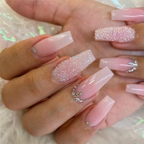 Pink Press On Nails - Long Square Coffin Fake Nails, Pink White O...