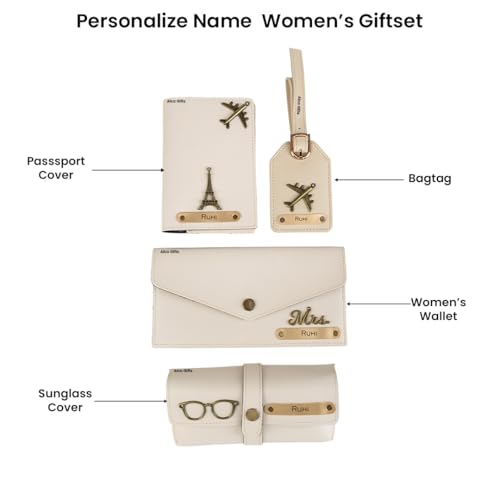 Image of AICA Personalised Name & Charm Womens Leather Combo Gift Set (Cream) | Gifts for Women| Customised Gift Hamper for Woman