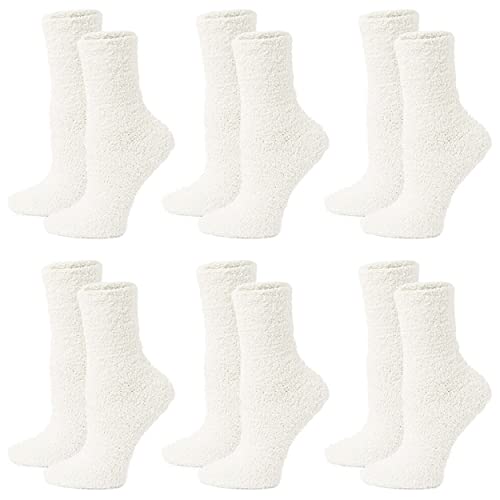 ENASGLOO 6 Pairs Women Fuzzy Socks Microfiber Warm Winter Sleep Fluffy Crew Socks (White)