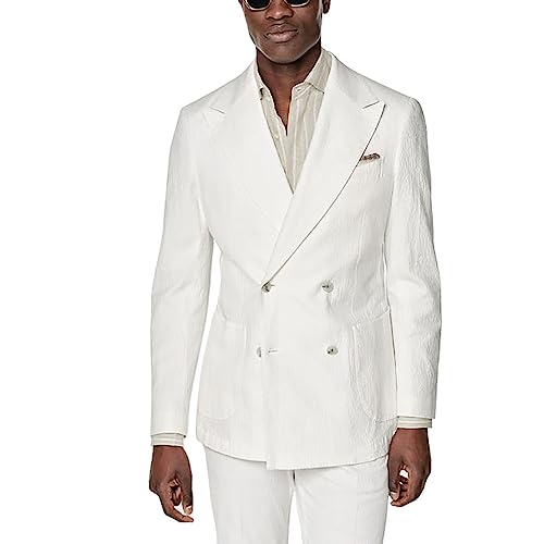 Mens White Seersucker Suit Grooms Double Breasted Suit for Wedding Mens Formal Suits Slim Fit