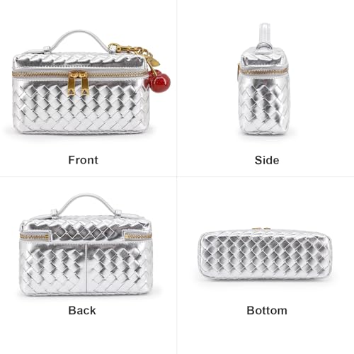 Image of Small Woven Box Crossbody Bags for Women Designer Leather Mini Top Handle Clutch Purse Square Vanity Bag with Cherry Charm