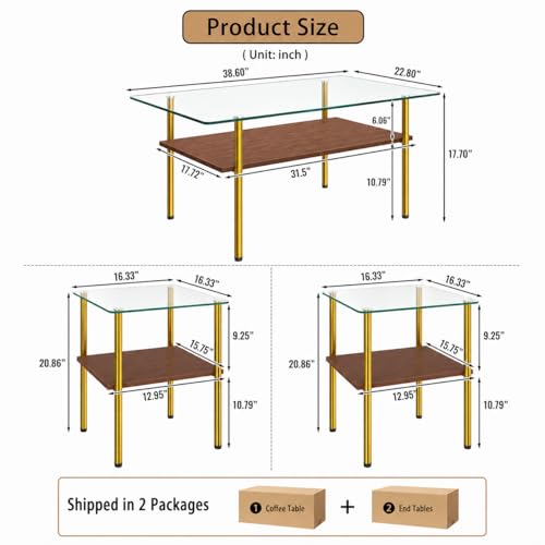 Image of 3 Piece Coffee Table and End Table Set, Living Room Table Set with Tempered Glass Top,Wooden Storage Shelves & Golden Metal Legs, 2-Tier Coffee Table Set of 3,Easy Assembly for Apartment Small Space