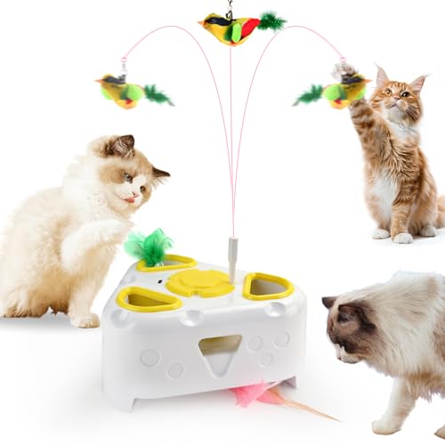 VICTERR Giochi Interattivi per Gatti, con Uccello Volante, 6 Buche Talpa e Piume Rotanti, Ricaricabile USB - Gioco Elettronico per Gatti Adulti e Cuccioli da Interno Bianco