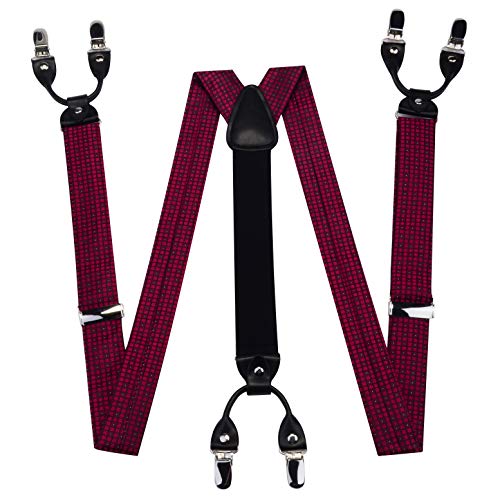 Image of GUSLESON Adjustable Plaid Floral 6 Clips Y Shape Suspenders Pre-tied Bow Tie and Pocket Square Set with Gift Box