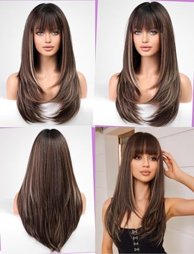 WOKESTAR Brown Wigs for Women Layered Straight Long Wig with Fringe, Brown Mixed Blonde, 25 inch - Image 4