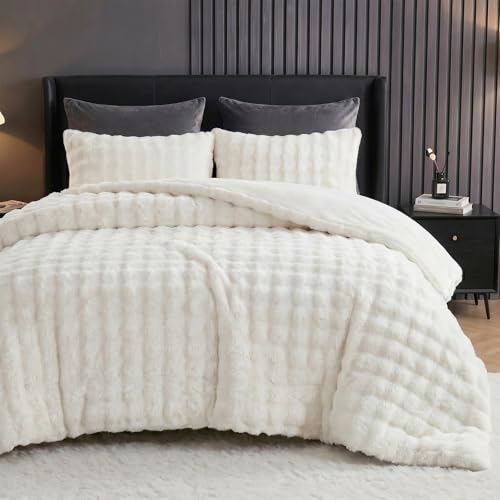 Bedbay Rabbit Faux Fur White Comforter Set Queen Size Plush