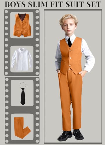 Image of YuanLu Toddler Boys Formal Suits Set,Vest Pants Dress Shirt and Tie for Kids Boy Wedding Ring Bearer Oufit