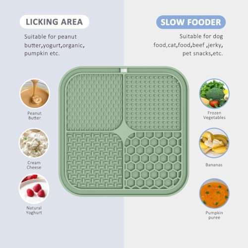 Image of ChefAide 2 Pack Lick Mat for Dogs,Cats,Upgraded 8.5x8.5 inches Licking Mats with Suction Cups,Slow Feeder Licking Pad for Anxiety Relief and Boredom Reducer,Suitable for Dog Training (Green & Beige)