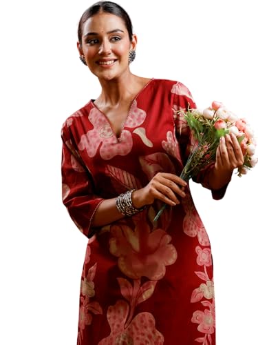 Image of Rimeline Women's Cotton Floral Printed Kurta with Notch Neck Detail | Straight Fit Ethnic Wear for Office, Casual & Everyday Styling