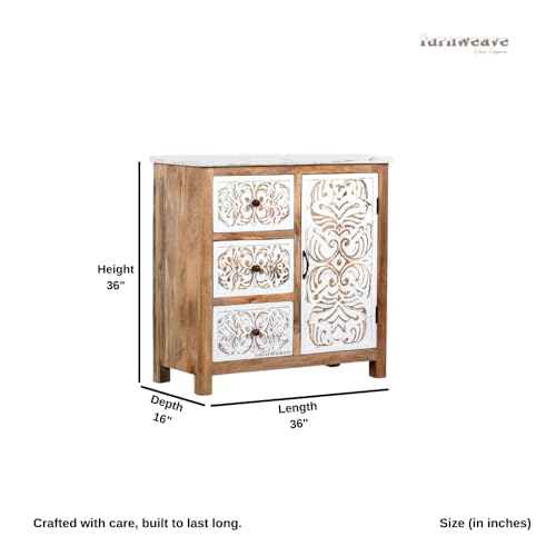 Image of Jika Wooden Sideboard Cabinet for Living Room | Carved Wooden Storage Cabinet for Home with Multiple Drawers | Handcrafted Solid Wood Cabinet for Storage Furniture for Home | White Distress
