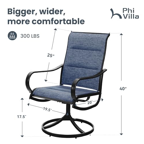 Image of PHI VILLA Swivel Patio Dining Chairs Set of 6, Padded Textilene Mesh, Blue | High back ergonomic backrest with padded seat. All-weather black E-coated metal frame for patio, outdoor, deck, lawn, garden