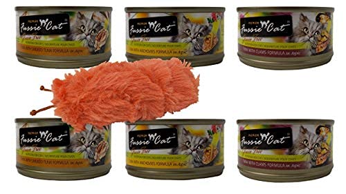 Fussie Cat Premium Grain Free Adult Cat 3 Flavor Variety 6 Can with Toy Bundle, 2 Each: Tuna Smoked Tuna, Tuna Anchovies, Tuna Clams (2.82 Ounces)