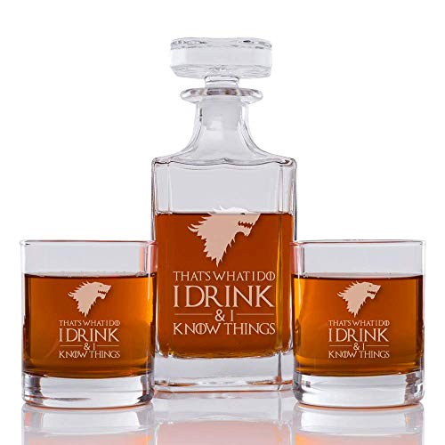 That's What I Do I Drink & I Know Things (Stark) Engraved Decanter and Rocks Glasses, Set of 3