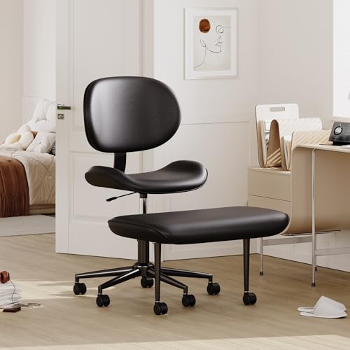 Image of Pinmoco Cross-Legged Office Chair with Footrest, PU Leather Armless Desk Chair, Wide Padded Seat for Cross Leg Sitting, Adjustable Height & Swivel, Modern Home Office Chair, Black