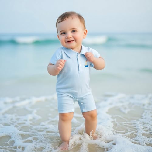 Gueuusu Newborn Baby Boy Beach Outfit Sailboat/Crawfish Embroidery Button Romper Striped Lapel Short Sleeve Bodysuit Clothes2