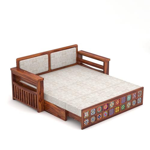 Image of Solid Sheesham Wood Sofa Cums Bed with Cushioned Seating & Handcrafted Tile Storage Front | Rosewood Convertible Sofa Bed for Living Room & Bedroom (Honey Finish)