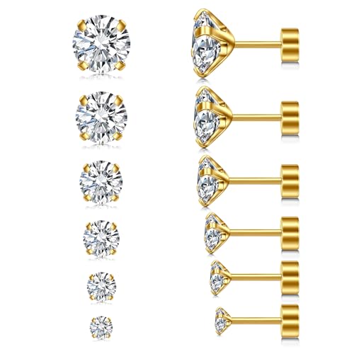 LAURITAMI 6 pièces Set Boucles d'oreilles 3-8mm zirconium inséré Or,20G Acier chirurgical...